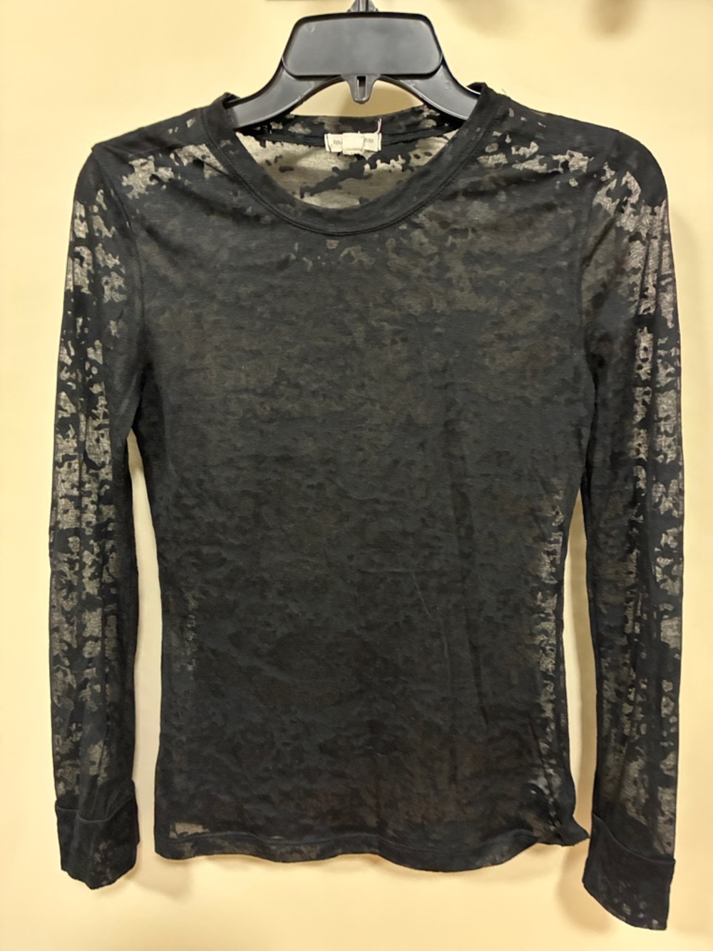 Sheer Long-Sleeve Crewneck Top - Black